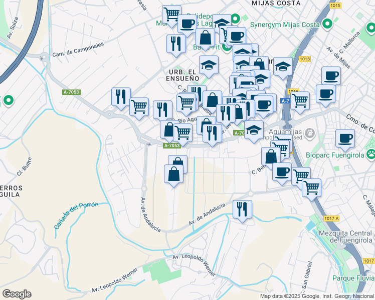 map of restaurants, bars, coffee shops, grocery stores, and more near 64 Camino Viejo de Coín in Fuengirola