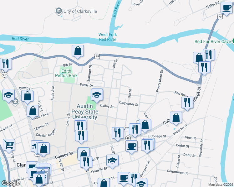 map of restaurants, bars, coffee shops, grocery stores, and more near 611 8th Street in Clarksville