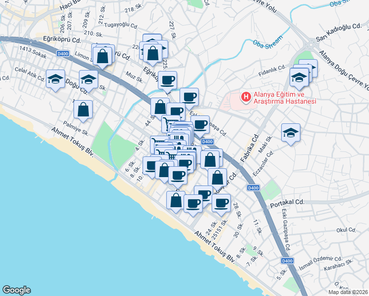 map of restaurants, bars, coffee shops, grocery stores, and more near 54 23. Sokak in Alanya