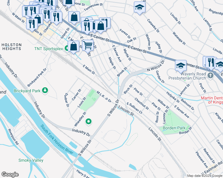 map of restaurants, bars, coffee shops, grocery stores, and more near 1080 East Sullivan Street in Kingsport