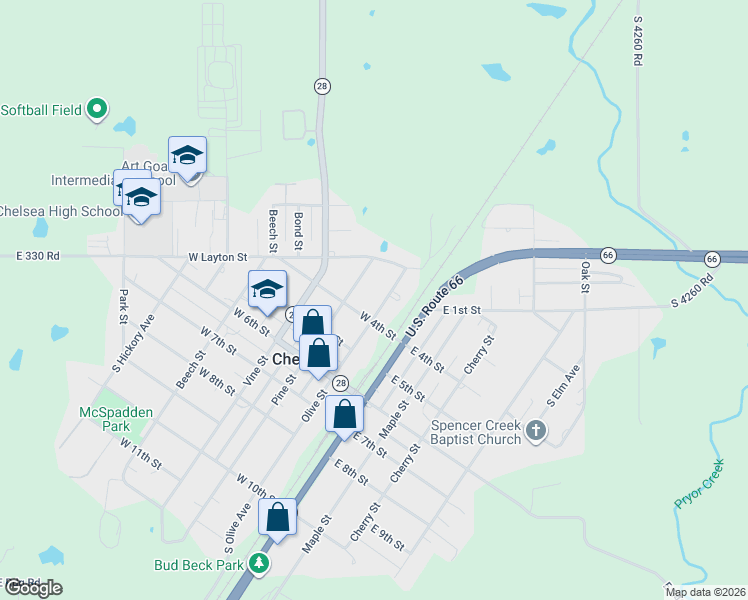 map of restaurants, bars, coffee shops, grocery stores, and more near 401 Olive Street in Chelsea