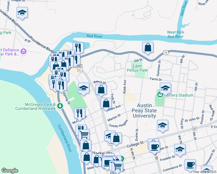 map of restaurants, bars, coffee shops, grocery stores, and more near 536 York Street in Clarksville
