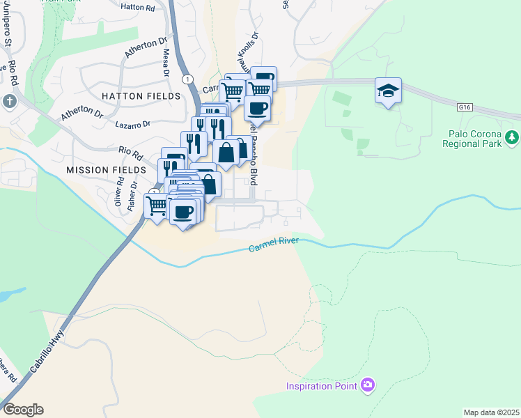 map of restaurants, bars, coffee shops, grocery stores, and more near 3850 Rio Road in Carmel-by-the-Sea