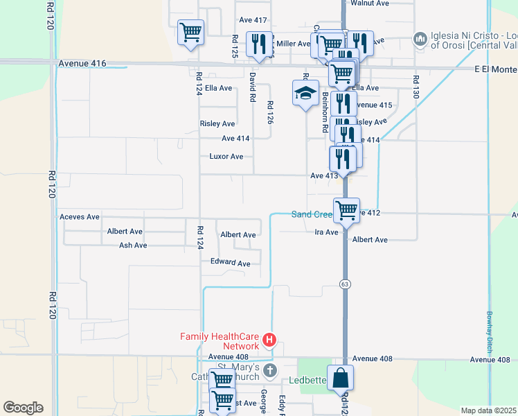 map of restaurants, bars, coffee shops, grocery stores, and more near 41164 David Road in Orosi