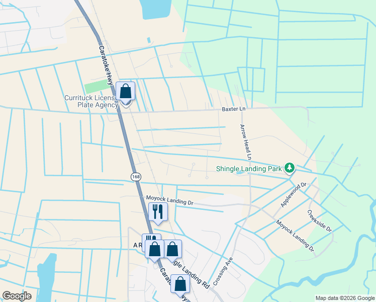 map of restaurants, bars, coffee shops, grocery stores, and more near 139-201 Inventors Drive in Currituck