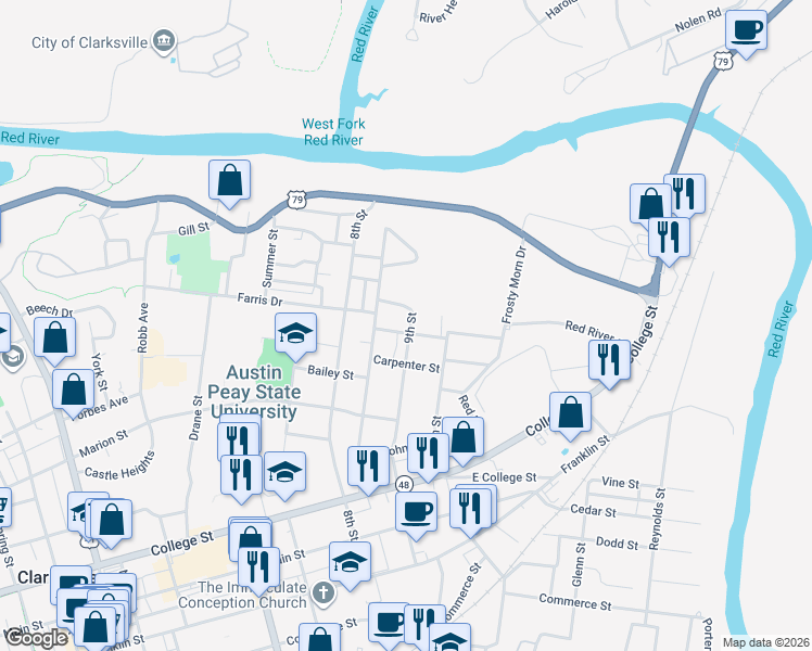 map of restaurants, bars, coffee shops, grocery stores, and more near 736 9th Street in Clarksville