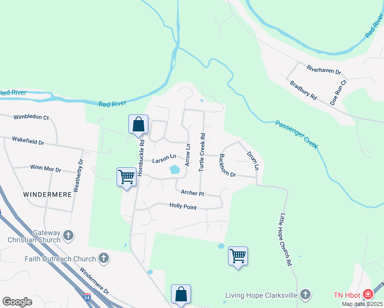 map of restaurants, bars, coffee shops, grocery stores, and more near 3143 Arrow Lane in Clarksville