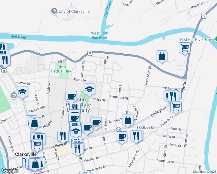 map of restaurants, bars, coffee shops, grocery stores, and more near 801 Farris Drive in Clarksville
