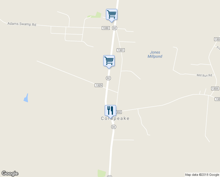 map of restaurants, bars, coffee shops, grocery stores, and more near 16 Knight Lane in Corapeake