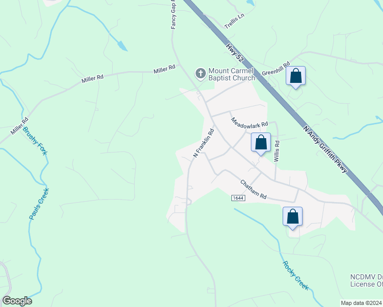 map of restaurants, bars, coffee shops, grocery stores, and more near 1457 North Franklin Road in Mount Airy