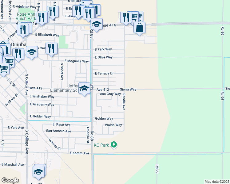 map of restaurants, bars, coffee shops, grocery stores, and more near 9000-9016 Sierra Way in Dinuba