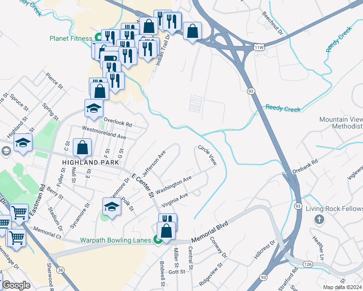 map of restaurants, bars, coffee shops, grocery stores, and more near 1696 Jefferson Avenue in Kingsport