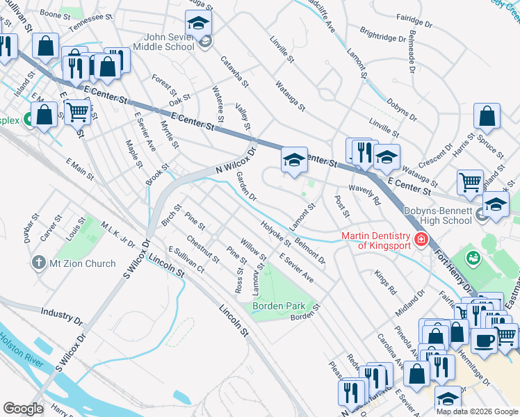 map of restaurants, bars, coffee shops, grocery stores, and more near 1316 Garden Drive in Kingsport
