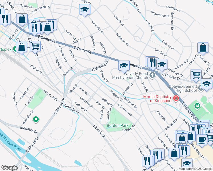 map of restaurants, bars, coffee shops, grocery stores, and more near 1316 Garden Drive in Kingsport
