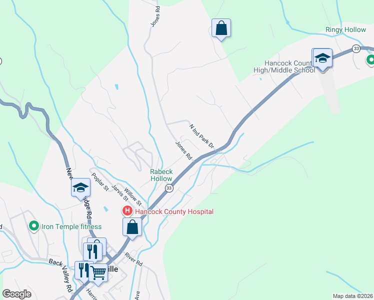 map of restaurants, bars, coffee shops, grocery stores, and more near 168 Jones Road in Sneedville
