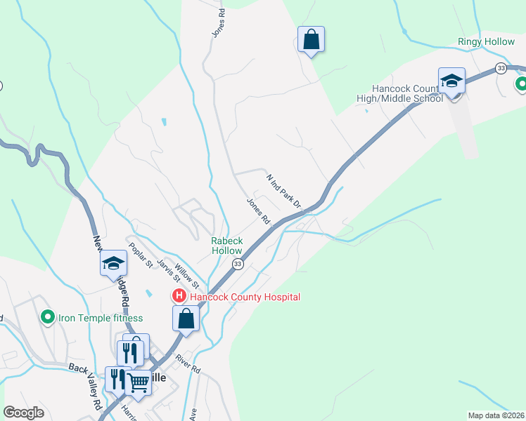 map of restaurants, bars, coffee shops, grocery stores, and more near 184 Oak Tree Lane in Sneedville