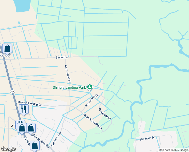 map of restaurants, bars, coffee shops, grocery stores, and more near 117 Little Acorn Trail in Moyock
