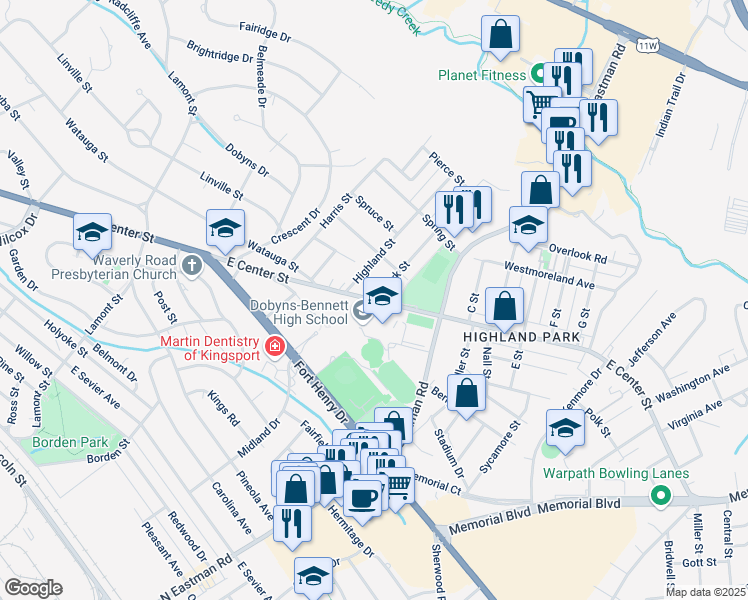 map of restaurants, bars, coffee shops, grocery stores, and more near 1601 Park Street in Kingsport