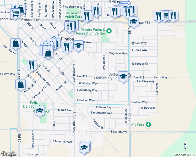 map of restaurants, bars, coffee shops, grocery stores, and more near 1222 East Sierra Way in Dinuba