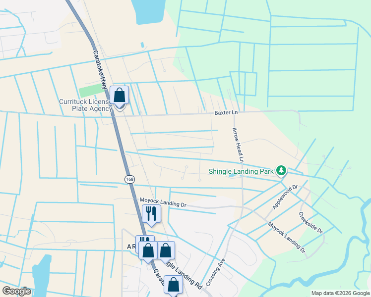 map of restaurants, bars, coffee shops, grocery stores, and more near 168 Inventors Drive in Moyock