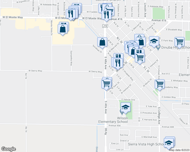 map of restaurants, bars, coffee shops, grocery stores, and more near 279 West Whittaker Way in Dinuba