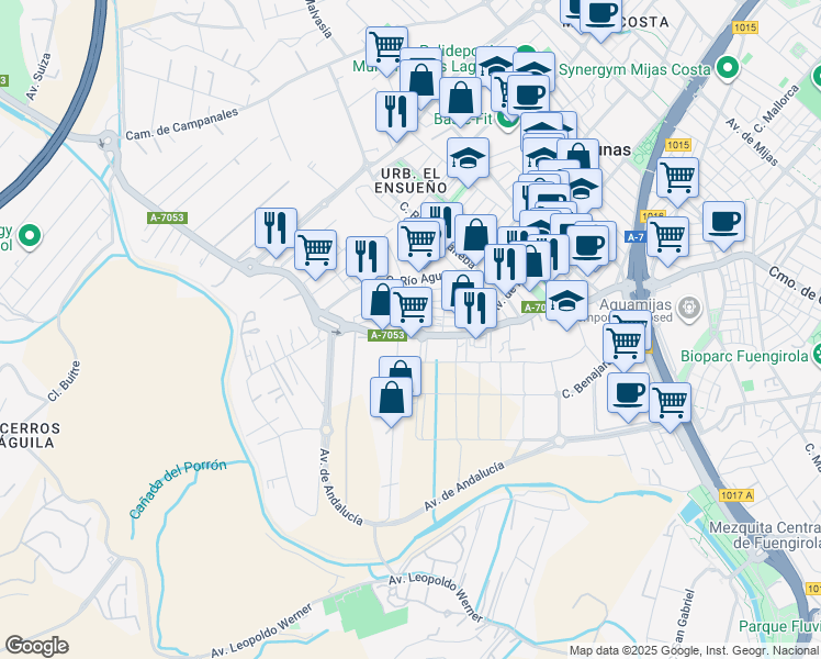 map of restaurants, bars, coffee shops, grocery stores, and more near 64 Camino Viejo de Coín in Fuengirola