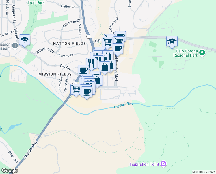 map of restaurants, bars, coffee shops, grocery stores, and more near Rio Road & Vía Nona Marie in Carmel-by-the-Sea