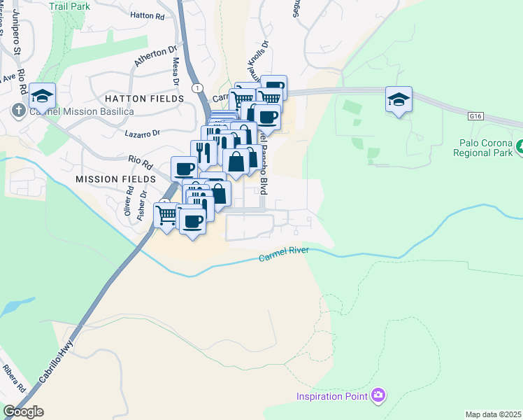 map of restaurants, bars, coffee shops, grocery stores, and more near Rio Road & Carmel Rancho Boulevard in Carmel-by-the-Sea