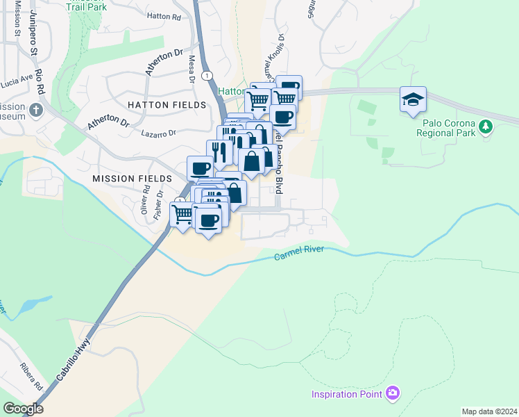 map of restaurants, bars, coffee shops, grocery stores, and more near Rio Road in Carmel-by-the-Sea