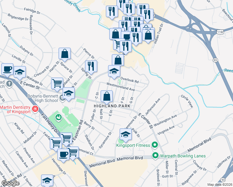 map of restaurants, bars, coffee shops, grocery stores, and more near 1637 E Street in Kingsport