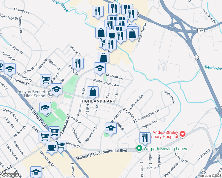 map of restaurants, bars, coffee shops, grocery stores, and more near 1645 F Street in Kingsport