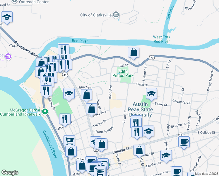 map of restaurants, bars, coffee shops, grocery stores, and more near 734 Robb Avenue in Clarksville