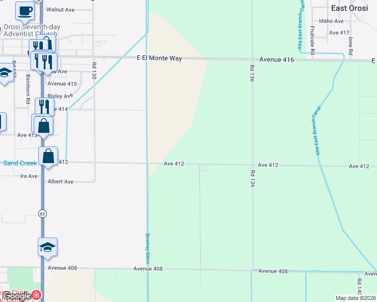 map of restaurants, bars, coffee shops, grocery stores, and more near 13348 Avenue 412 in Orosi