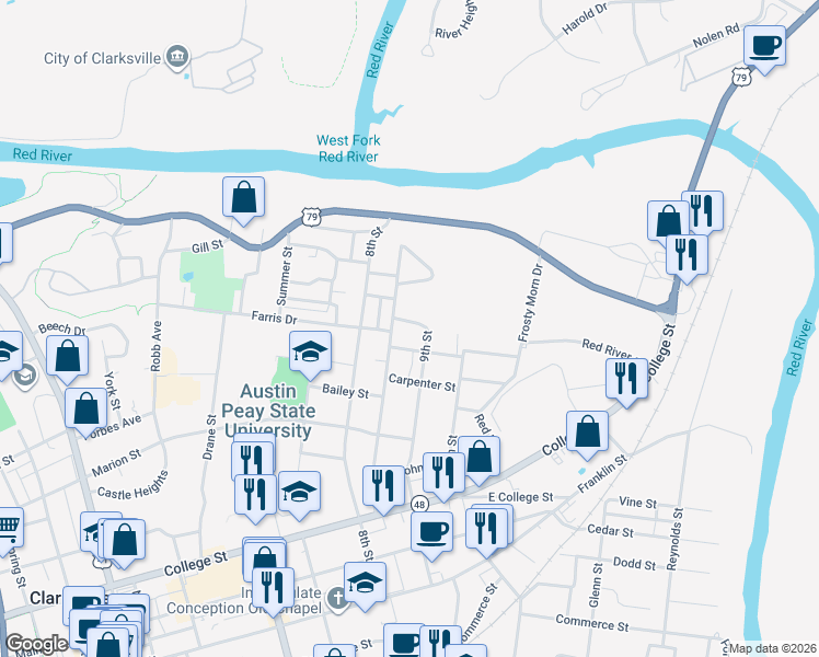 map of restaurants, bars, coffee shops, grocery stores, and more near 736 9th Street in Clarksville