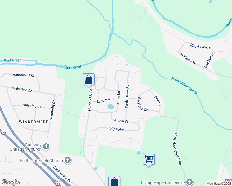 map of restaurants, bars, coffee shops, grocery stores, and more near 3143 Arrow Lane in Clarksville