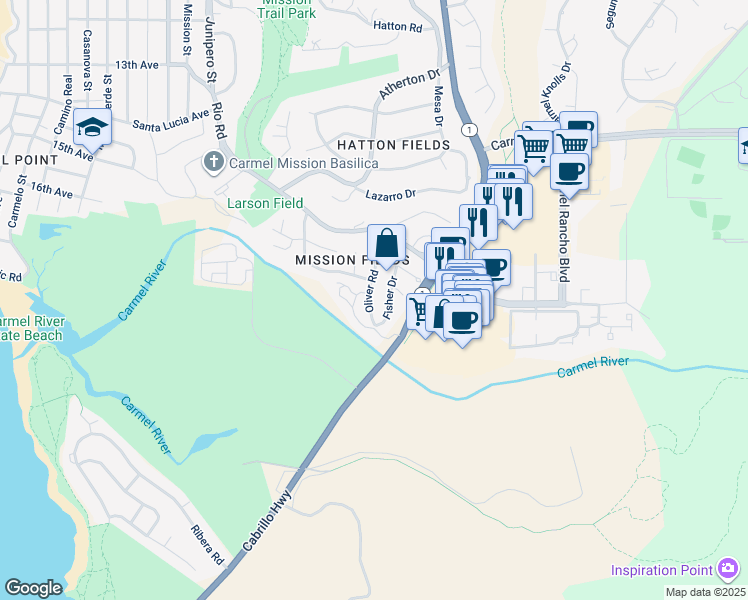 map of restaurants, bars, coffee shops, grocery stores, and more near 26583 Oliver Road in Carmel-by-the-Sea