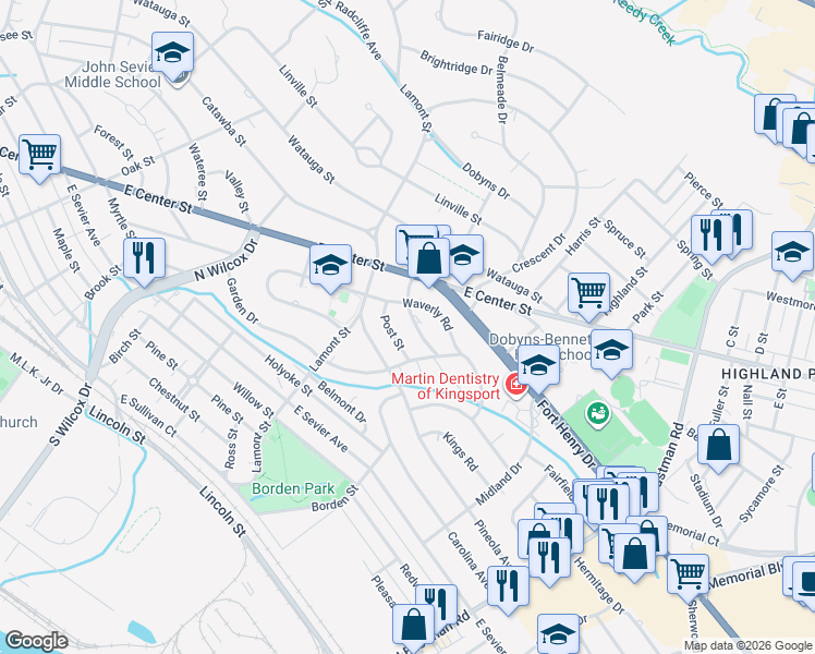 map of restaurants, bars, coffee shops, grocery stores, and more near 1400-1498 Prospect Drive in Kingsport