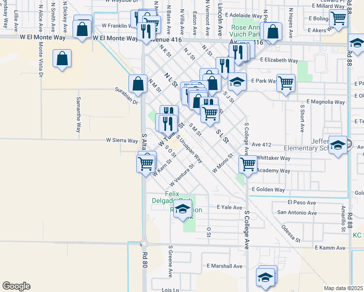 map of restaurants, bars, coffee shops, grocery stores, and more near 200 South Uruapan Way in Dinuba