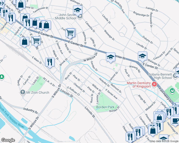 map of restaurants, bars, coffee shops, grocery stores, and more near 1238 Holyoke Street in Kingsport