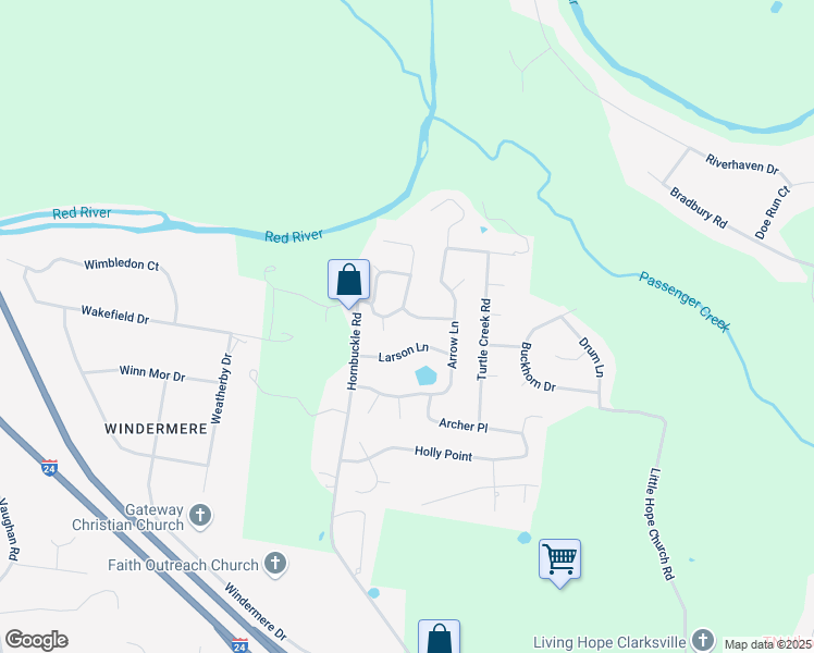 map of restaurants, bars, coffee shops, grocery stores, and more near 3112 Buckshot Drive in Clarksville