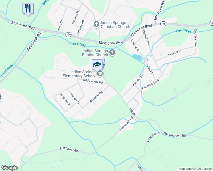 map of restaurants, bars, coffee shops, grocery stores, and more near 501 Hill Road in Kingsport