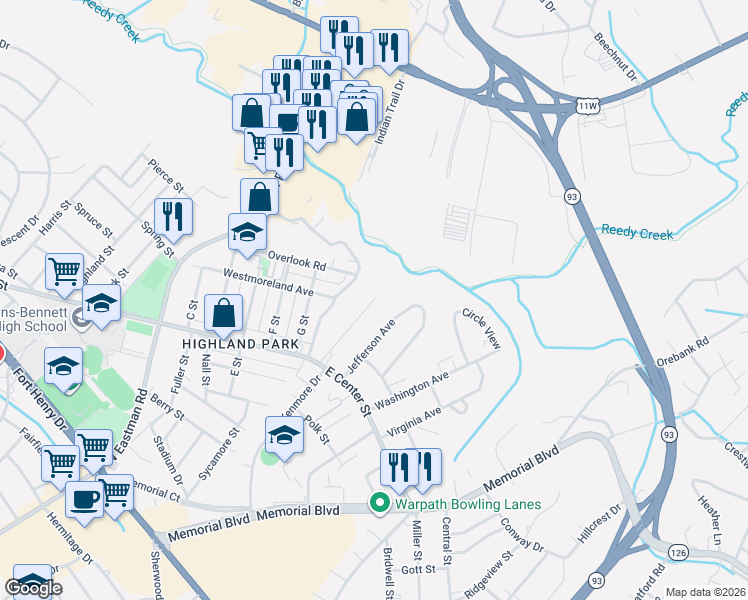 map of restaurants, bars, coffee shops, grocery stores, and more near 1713 Reedy Creek Road in Kingsport