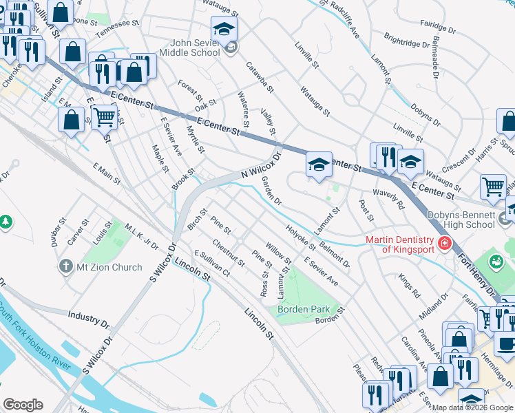 map of restaurants, bars, coffee shops, grocery stores, and more near 1238 Holyoke Street in Kingsport