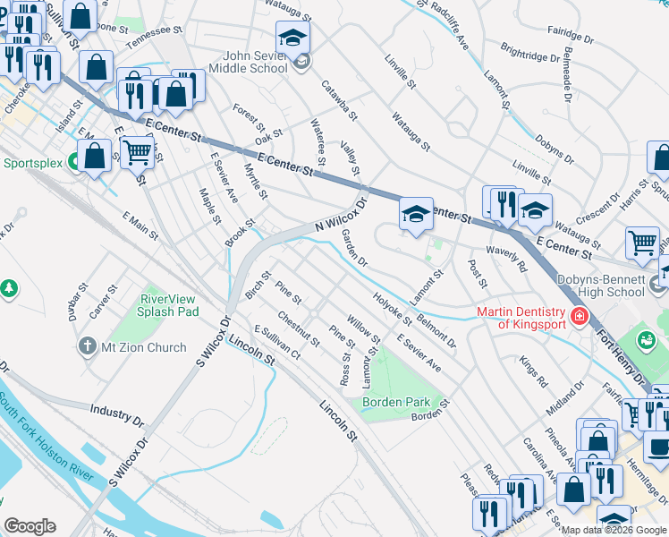 map of restaurants, bars, coffee shops, grocery stores, and more near 1238 Holyoke Street in Kingsport