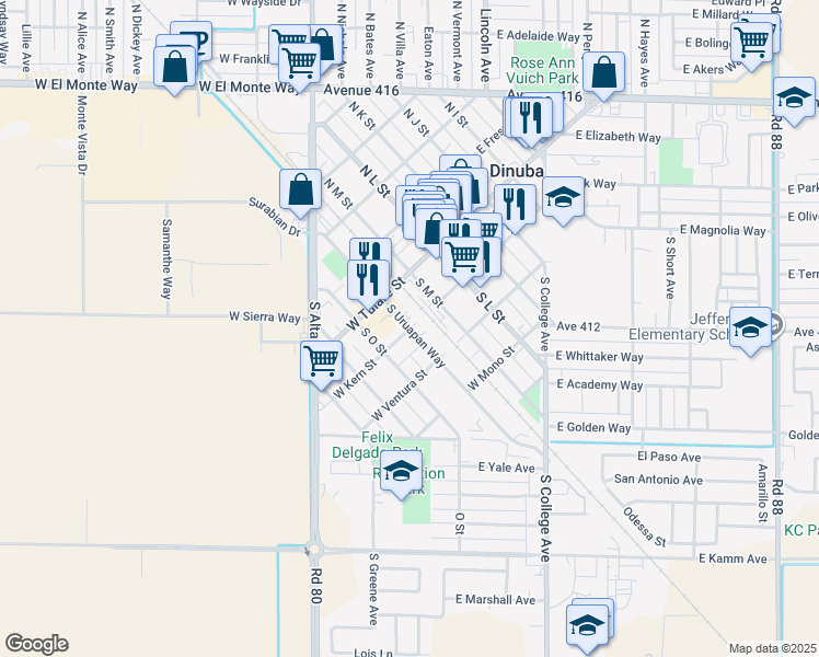 map of restaurants, bars, coffee shops, grocery stores, and more near 200 South Uruapan Way in Dinuba