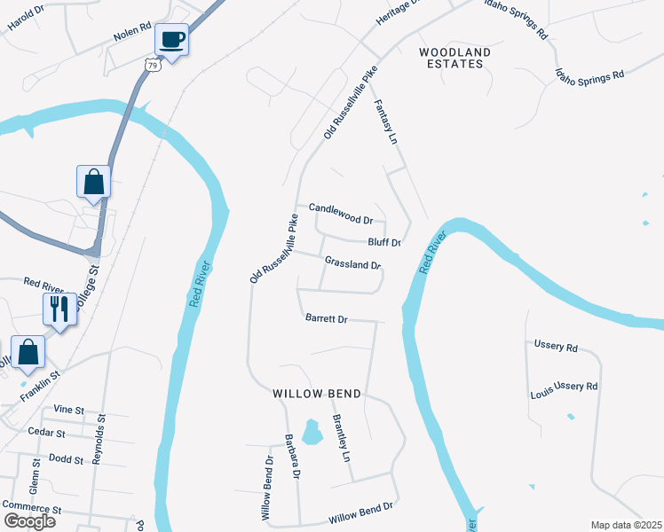 map of restaurants, bars, coffee shops, grocery stores, and more near 315 Grassland Drive in Clarksville