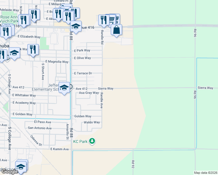 map of restaurants, bars, coffee shops, grocery stores, and more near 9034 Avenue 412 in Dinuba