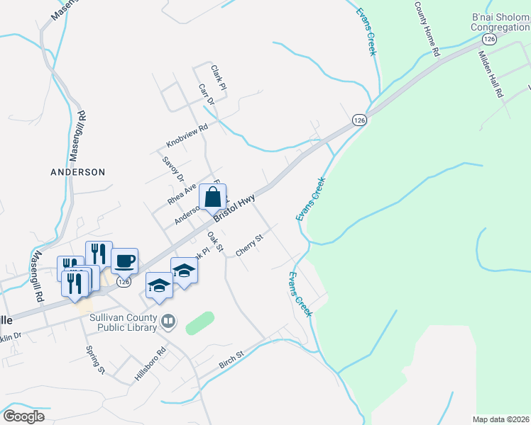 map of restaurants, bars, coffee shops, grocery stores, and more near 129 Keystone Drive in Blountville
