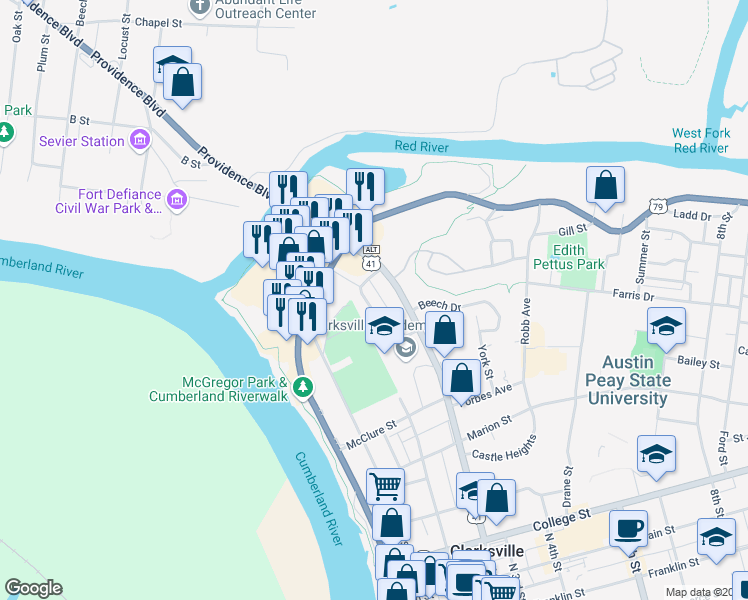map of restaurants, bars, coffee shops, grocery stores, and more near 777 Cumberland Terrace in Clarksville
