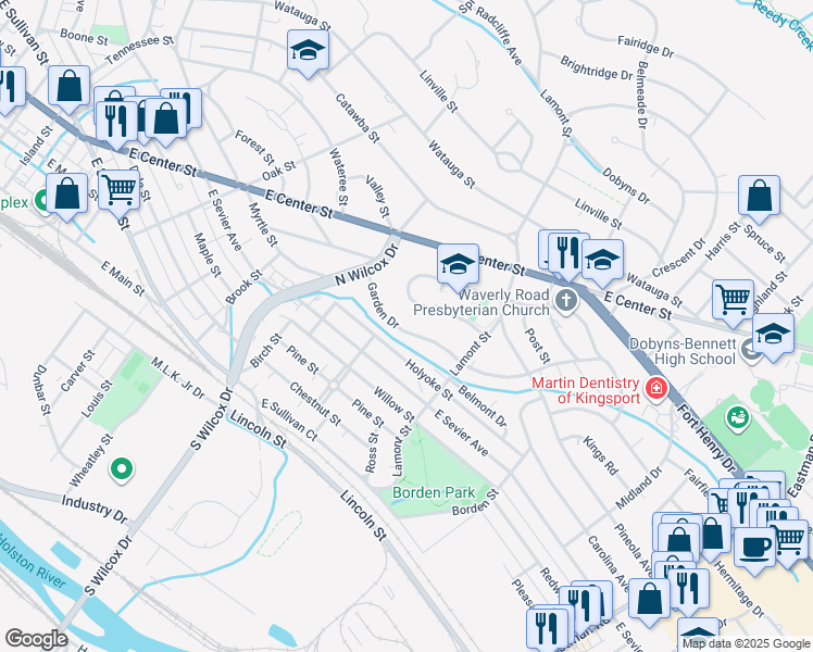 map of restaurants, bars, coffee shops, grocery stores, and more near 1316 Garden Drive in Kingsport